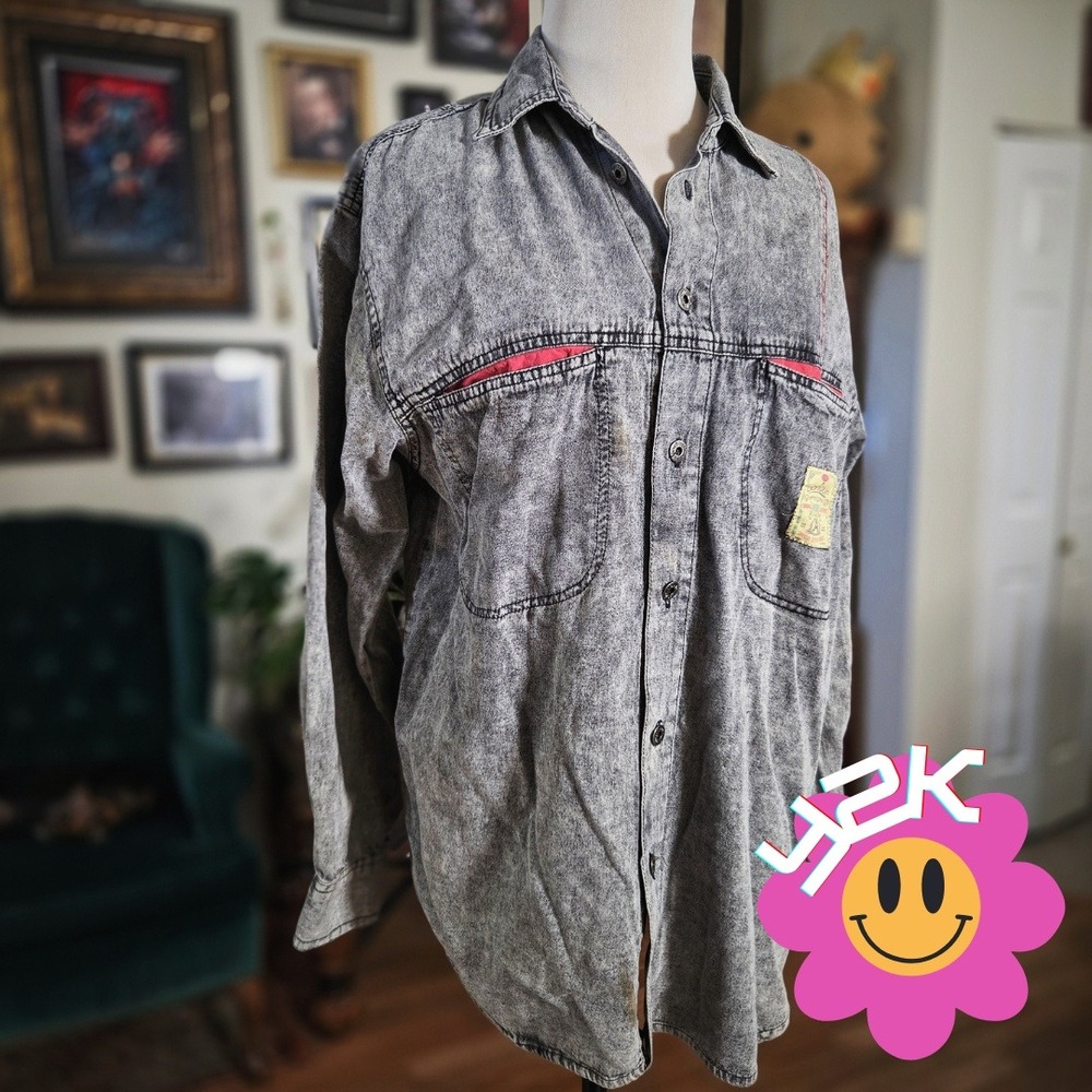 Vintage Y2K Bonjour Acid Wash Denim Button Up Shirt Retro‎ Streetwear Overshirt
